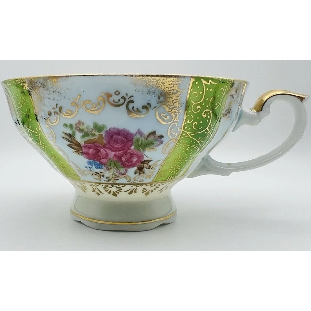 Wales Porcelain Teacup Saucer Lusterware Floral Green Gold Japan Vintage Set